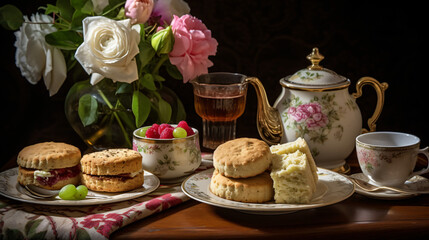 A traditional English afternoon tea with scones and sa - obrazy, fototapety, plakaty