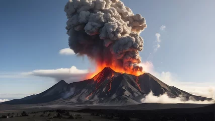 Foto op Canvas Volcano erupting and lava pouring, A massive column of ash shoots out of a volcano's mouth. An awful view of a volcano erupting. A natural disaster that is not controlled by the weather © Ali Khan