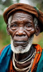 African elder with a cap, his face etched with the marks of time, captured in a soulful portrait that speaks of tradition and a life fully lived.