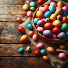 Fototapeta na wymiar Multitude of colored Easter eggs on wooden surface 