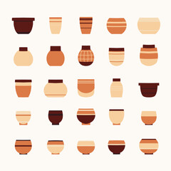 Vector set of flat hand drawn ceramic flowerpots isolated from background. Cozy collection clip art of various clay pots icons in calm beige colors for pottery workshop, hobby studios.