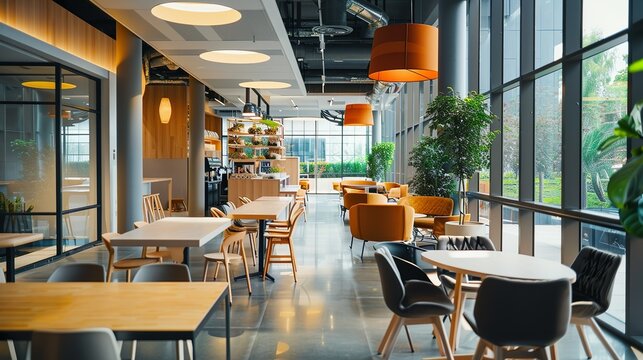 A modern office cafeteria with sustainable food options and recycling stations