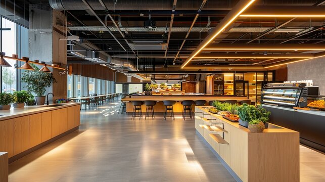 A modern office cafeteria with sustainable food options and recycling stations
