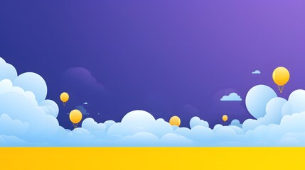 Yellow balloons ascend into a twilight sky, transitioning from sunset gold to deep night blue, amongst a dreamscape of billowing clouds.