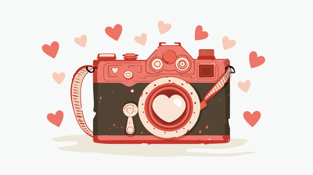 Cute Vintage Red Camera with Hearts flat vector 