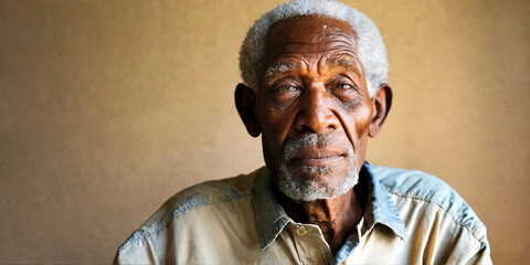 Calm and collected African elder with grey hair, wearing a casual shirt, set against a warm-toned backdrop, radiating a sense of peace and storied life. - obrazy, fototapety, plakaty