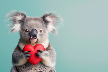 Cute koala is holding a red heart as a gift for Women's Day, Mother's Day, Valentine's Day or...
