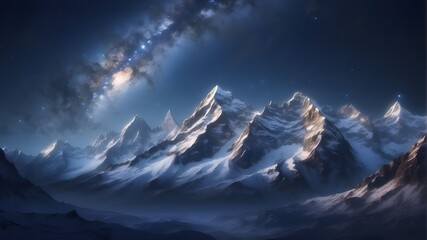 The sun rises over the mountains against a backdrop of snowy mountains and a galaxy.Snow-themed Astral Wallpaper Composition




 - obrazy, fototapety, plakaty