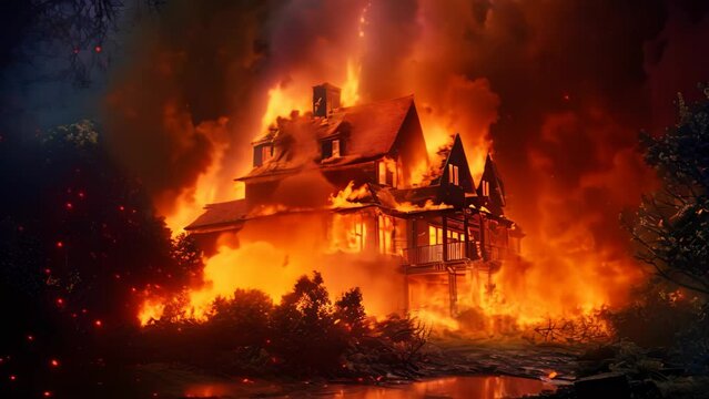 Image of a burning house on the bank of a small river. Burning house. Fire in the old house. Burning house. A house is on fire, AI Generated