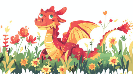 Dragon in Flower Field flat vector isolated on white background 