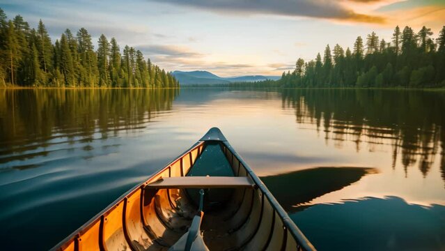 Kayak on the lake in the mountains at sunset. Karelia, Russia, canoe on lake, AI Generated