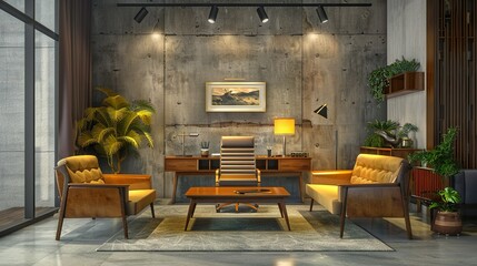A retro office interior with mid-century modern furniture and decor, great for adding a retro and...