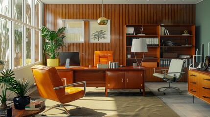 A retro office interior with mid-century modern furniture and decor, great for adding a retro and stylish look to designs
