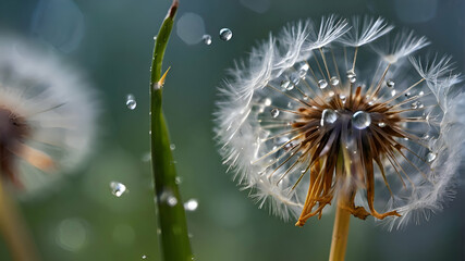 Obraz premium flower fluff, dandelion seeds with dew dop - beautiful macro photography with abstract bokeh background