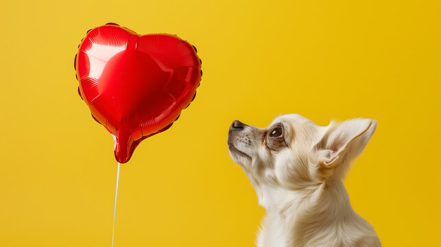 Chihuahua dog is looking at red heart-shaped balloon on yellow background. Valentine's day gift concept. Copy space for text