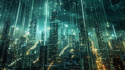 Fototapeta na wymiar Digital Metropolis Illuminating the Cityscape with Data Streams and Connectivity