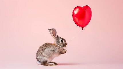 Cute rabbit holds red heart-shaped balloon on pink background. Valentine's day gift concept. Copy space for text - Powered by Adobe