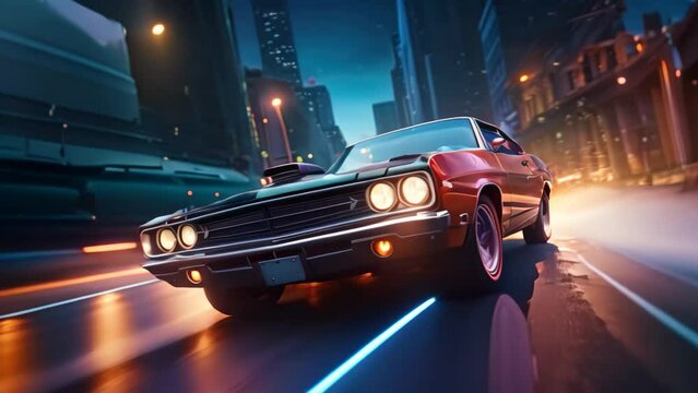 Retro car in the city at night. 3D rendering. Car on the road in the city at night. 3d rendering, AI Generated