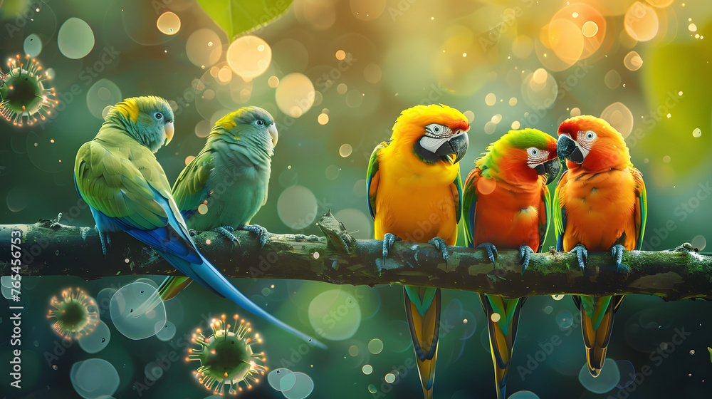 Sticker Colorful parrots on branch with viral particles, bokeh background.