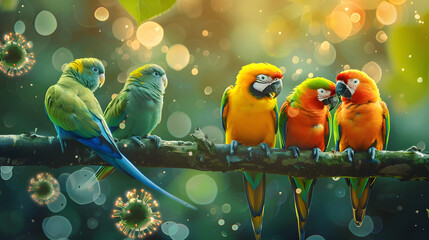 Colorful parrots on branch with viral particles, bokeh background. - obrazy, fototapety, plakaty