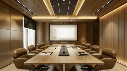 A contemporary office meeting room with a large screen and modern furniture, perfect for adding a high-tech and professional look to designs