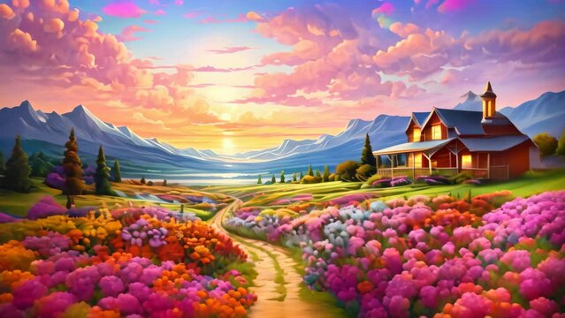 Beautiful Landscape with Farm House and Flowers at Sunset. Digital Painting, Colorful flower garden and beautiful sky landscape, AI Generated