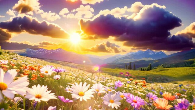 Beautiful meadow with flowers and mountains in the background at sunset, Colorful flower garden and beautiful sky landscape, AI Generated