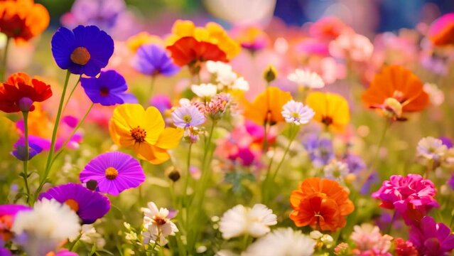 Colorful spring flowers in the garden with bokeh background, Colorful wildflowers blooming in a garden on a sunny day, AI Generated