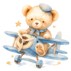 Watercolor baby cute pilot bear with aircraft