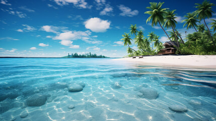 A tranquil beach with palm trees and clear blue water.