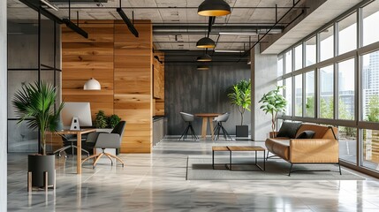 A modern office interior with a minimalist design and natural light, great for adding a clean and spacious look to designs