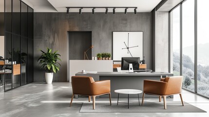 Fototapeta premium A modern office interior with a minimalist design and natural light, great for adding a clean and spacious look to designs