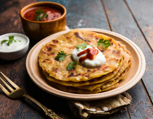 aloo paratha indian potato stuffed flatbread. served with fresh curd and tomato ketchup