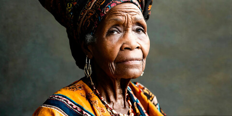 Thoughtful elder woman in traditional African attire, suitable for cultural and generational stories.