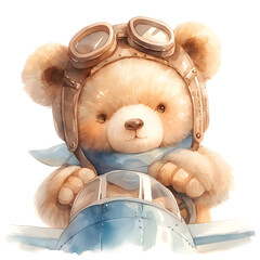 Watercolor baby cute pilot bear with aircraft