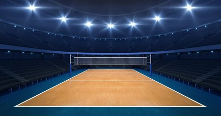 Volleyball court inside a modern sports arena illuminated with shining spotlights. Camera rotation around court. Professional 4K video loop for sports advertisement.