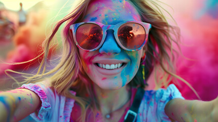 Cheerful woman at the festival of colors Holi	
