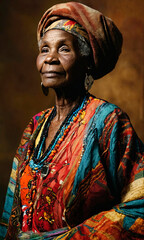 African American elder wearing vibrant traditional garments and a headwrap, her face telling a story of resilience and grace, a celebration of Black History Month.