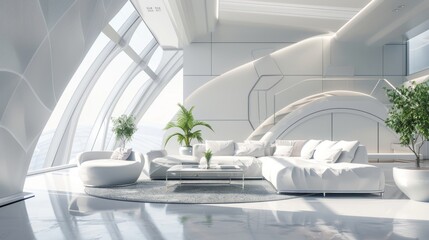 Modern bright interior. Futuristic living room with large luxurious carpet, Generative AI