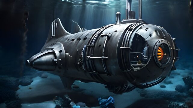 Extensive underwater bathyscaphe for diving into the ocean. utilized to research the conditions of the marine environment near submerged ships and ships,Go deep,Deep underwater submersion of a naval ,