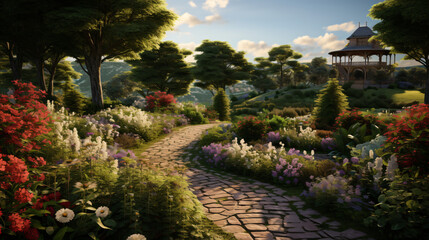 Fototapeta na wymiar A tranquil garden with blooming flowers and a winding