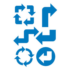 Arrows, icon or graphic sign for change, synergy or turning shapes isolated on white background in studio. Cycle, blue or color design for direction with flip, reverse or different design pattern