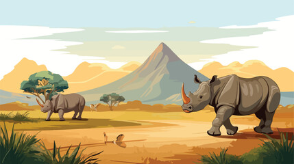 Cartoon safari scene with cheetah and rhinoceros