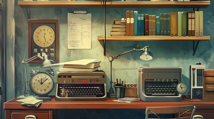 A vintage office background with retro office supplies and equipment, perfect for adding a retro business and professional theme to designs