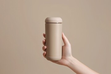 A reusable neutral-colored insulated mug in a monochromatic setting held by a female, representing the idea of sustainability. - 765459732