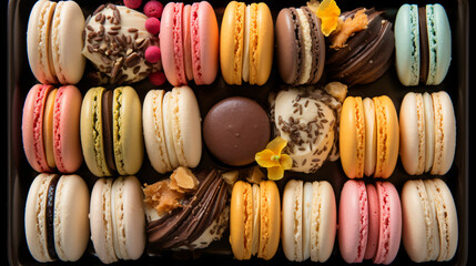 A tray of French macarons in a variety of flavors and