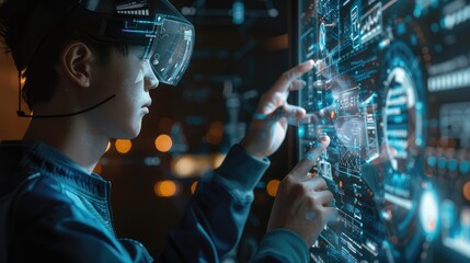 Boy in virtual reality glasses. Future technology concept. 3D Rendering. The concept of virtual reality.