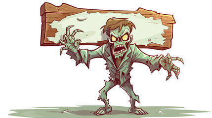 Cartoon zombie holding wooden sign. Halloween design
