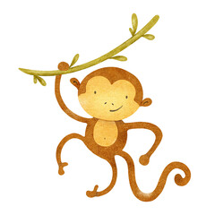 Cute baby monkey hanging on liana. Isolated hand drawn watercolor illustration of marmoset. African animal. Kid's Safari. Macaque fordesign baby shower, cards, posters, kid's goods and rooms