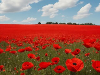 Obraz premium Field of poppies and blue sky with white clouds. Nature composition. AI generated
